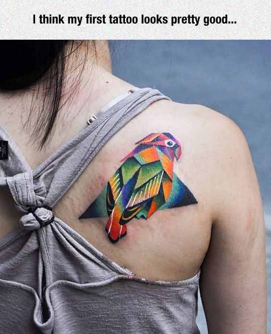 Geometric Parrot Head Tattoo On Girl Right Back Shoulder