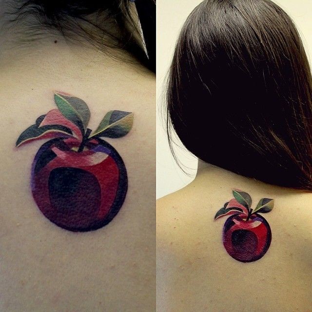 Geometric Red Apple Tattoo On Girl Upper Back