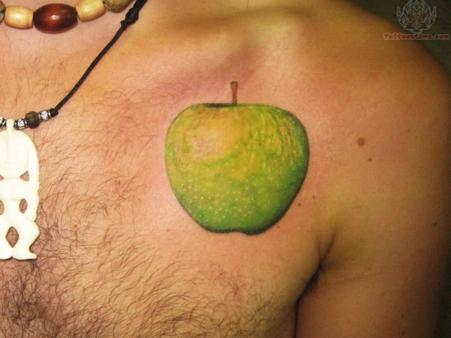 Green Apple Tattoo On Man Left Front Shoulder
