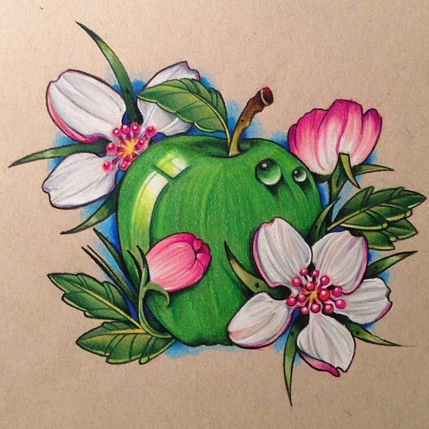 Green Apple With Flowers Tattoo Design