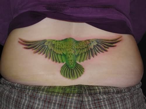 Green Ink Parrot Tattoo On Lower Back