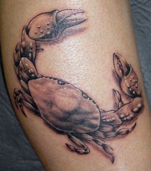 Grey Ink Cancer Crab Tattoo On Leg