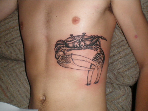 Grey Ink Cancer Crab Tattoo On Man Side Rib by Codybirdart