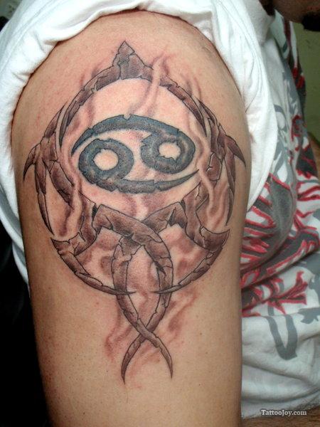 Grey Ink Cancer Zodiac Tattoo On Right Shoulder