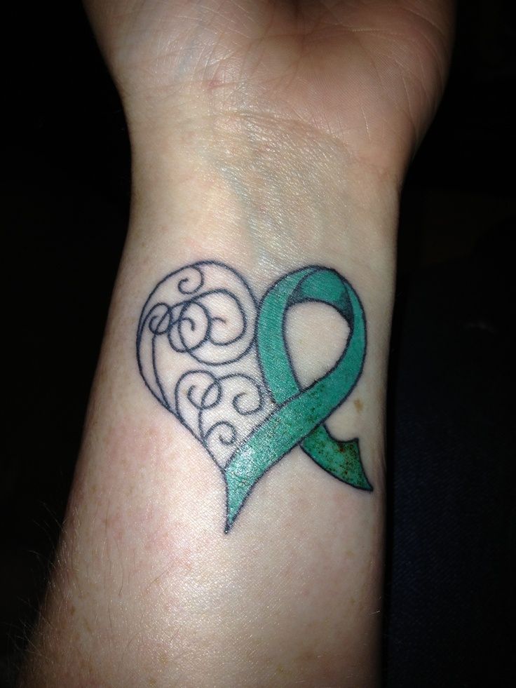 Heart And Green Ribbon Tattoo On Wrist