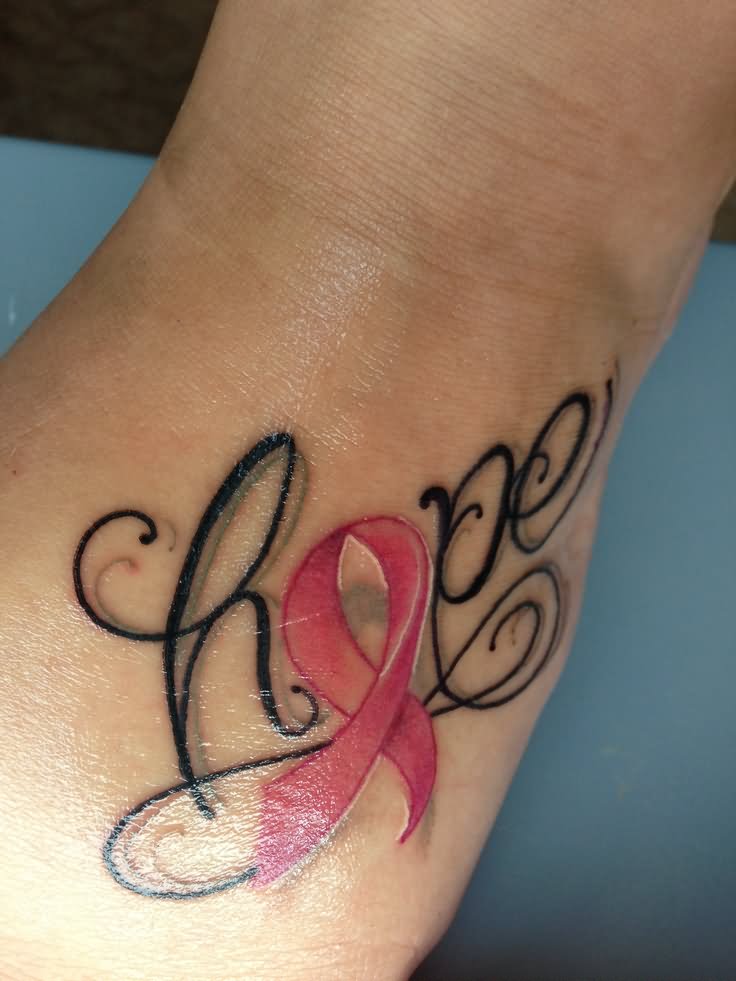 Hope Cancer Ribbon Tattoo On Left Foot