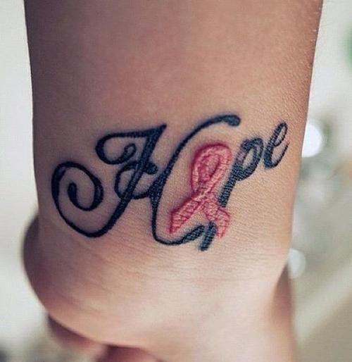 Hope Cancer Ribbon Tattoo On Wrist