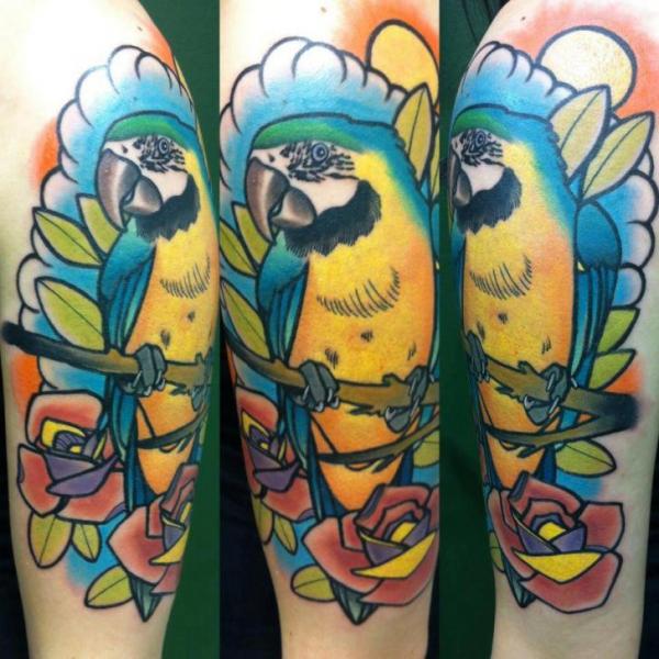 Inspiring Parrot With Roses Tattoo Design For Half Sleeve