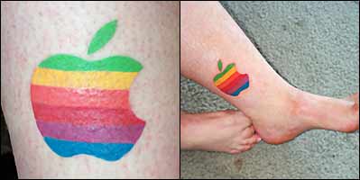 Latest Colorful Apple Logo Tattoo On Leg