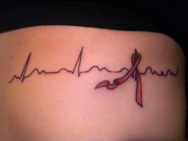 Life Line And Cancer Ribbon Tattoo On Rib Side