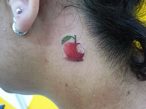Little Bite Apple Tattoo On Girl Side Neck