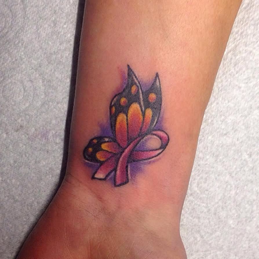 Little Cancer Ribbon With Butterfly Wings Tattoo