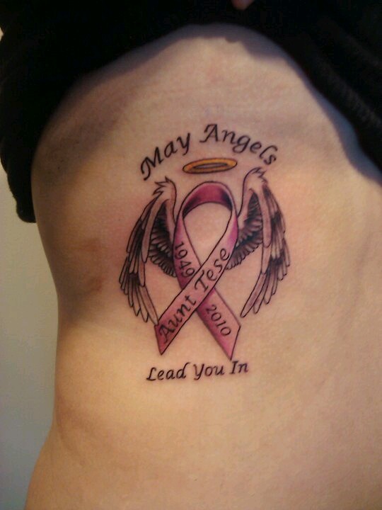 Memorable Cancer Tattoo Ribbon With Angel Wings Tattoo On Side Rib
