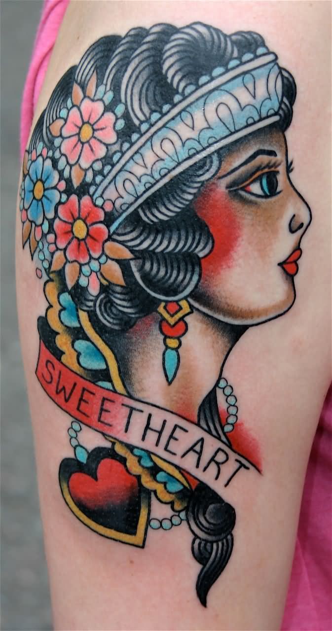Native American Girl Face With Banner Tattoo On Half Sleeve