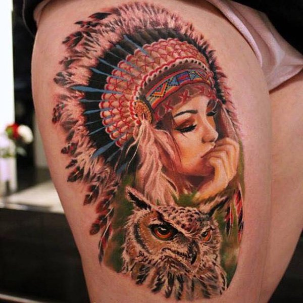 Native American Girl Face With Owl Tattoo On Thigh