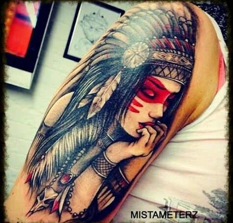 Native American Girl Tattoo On Half Sleeve