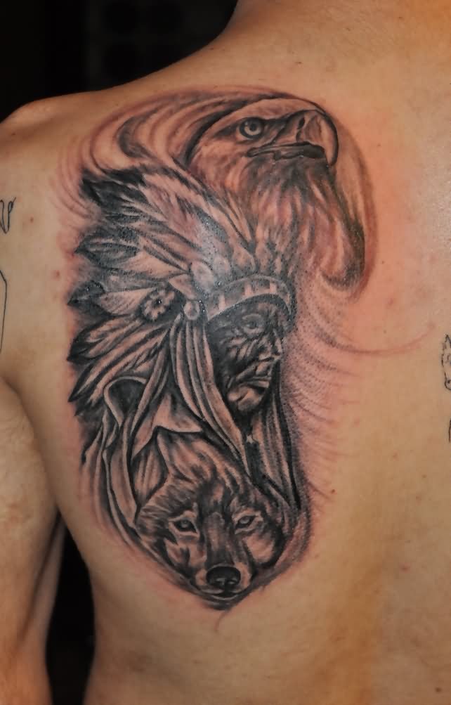 Native American Man, Wolf And Eagle Head Tattoo On Left Back Shoulder