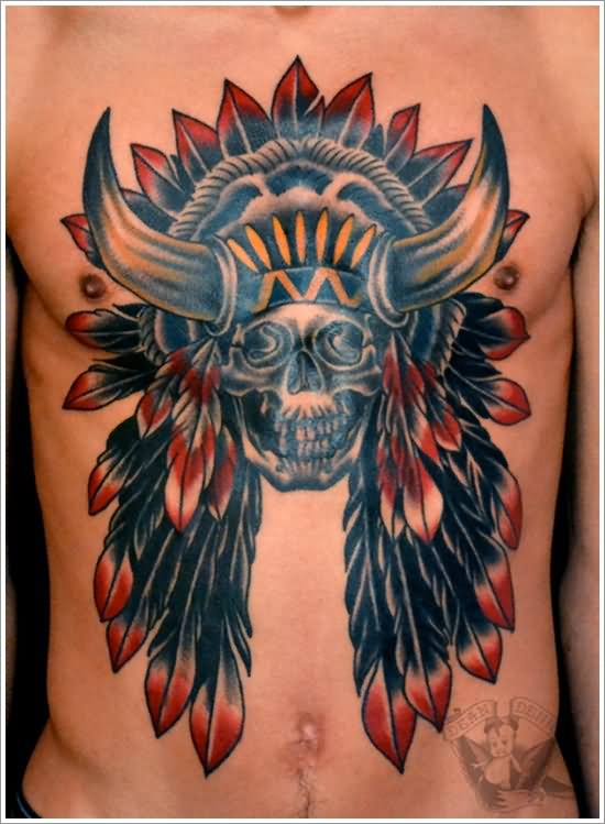 Native American Skull Tattoo On Man Chest