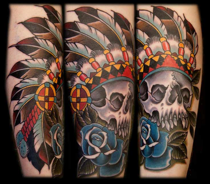 Native American Skull With Blue Rose Tattoo Design