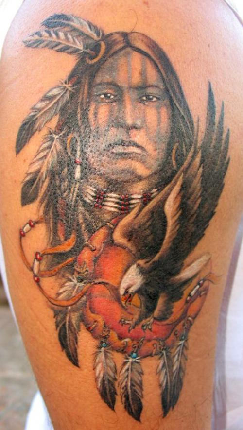 Native American Women Face With Eagle Tattoo On Shoulder