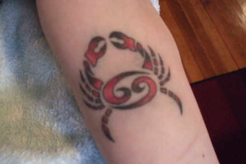 Nice Black And Red Cancer Zodiac Tattoo On Leg