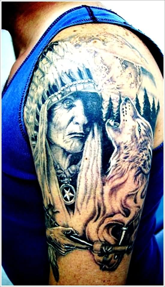 Old Native American Women With Wolf Tattoo On Man Left Half Sleeve