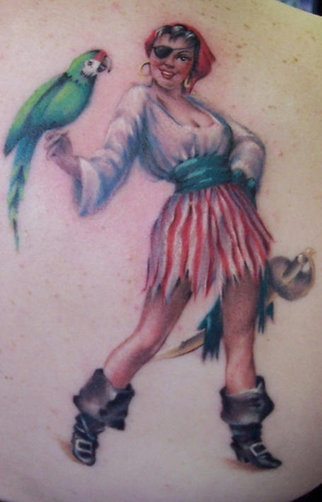 Parrot On Pirate Girl Hand Tattoo Design