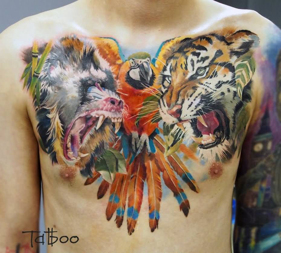 Parrot With Baboon And Tiger Head Tattoo On Man Chest