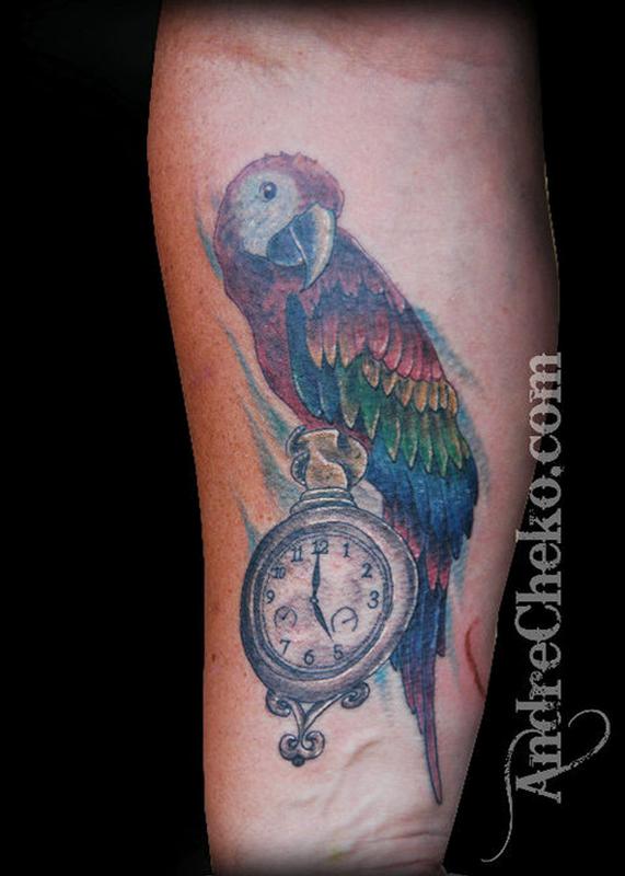 Parrot With Clock Tattoo Design For Forearm