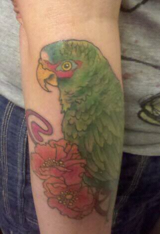 Parrot With Flowers Tattoo On Forearm