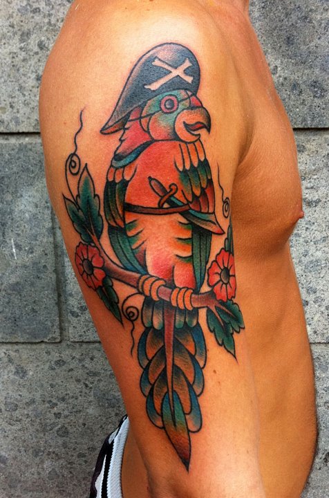 Pirate Parrot Sit On Branch Tattoo On Man Right Half Sleeve