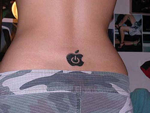 Power Button In Apple Logo Tattoo On Lower Back