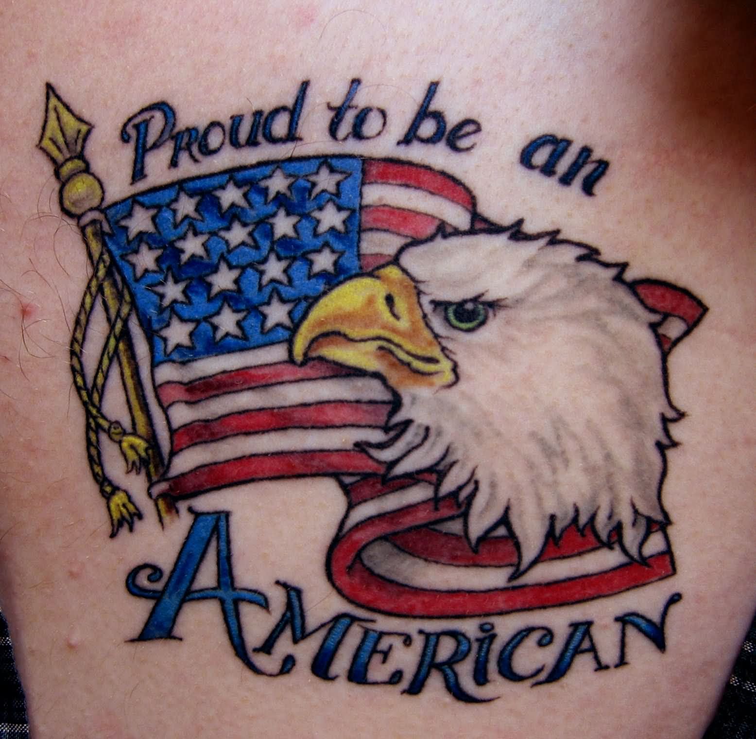 Proud To Be An American - American Flag With Eagle Head Tattoo Design