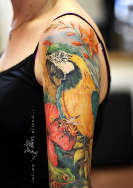 Realistic Parrot With Flowers Tattoo On Girl Left Half Sleeve