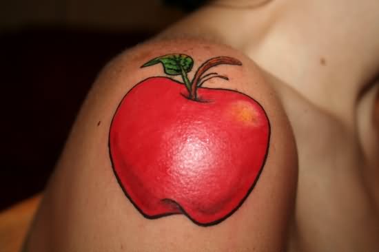 Red Apple Tattoo On Right Shoulder