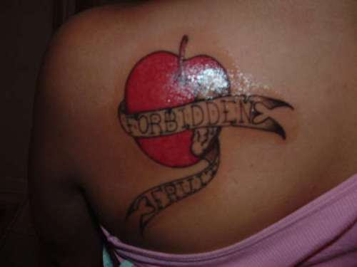 Red Apple With Banner Tattoo On Left Back Shoulder