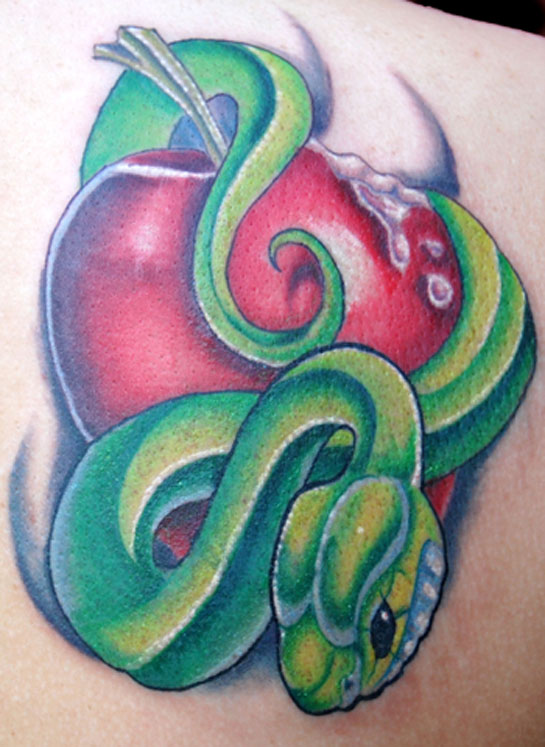 Red Apple With Sanke Tattoo Design