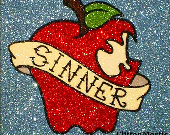 Red Apple With Sinner Banner Tattoo Design