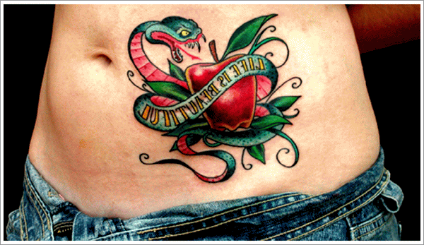 Red Apple With Snake Tattoo On Stomach