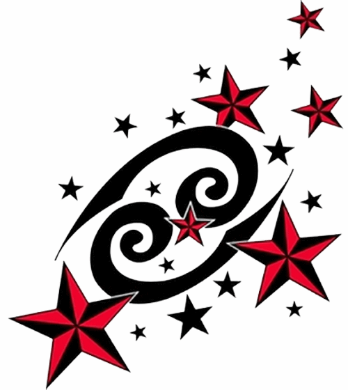 Red Nautical Stars And Cancer Zodiac Tattoo Design