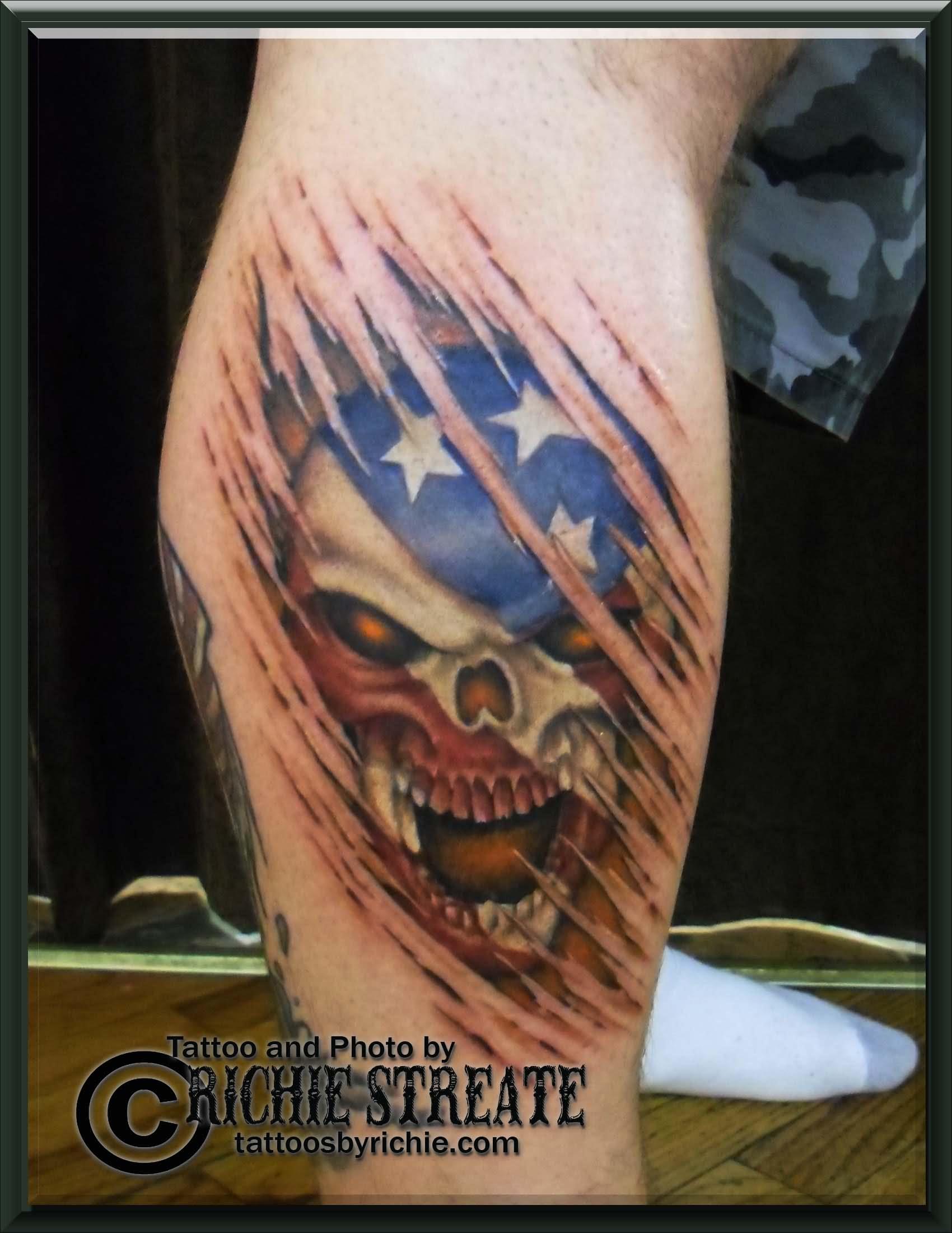 Ripped Skin American Flag Skull Tattoo Design For Leg