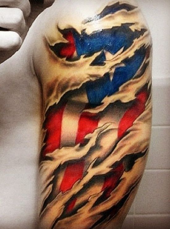 Ripped Skin American Flag Tattoo On Left Half Sleeve