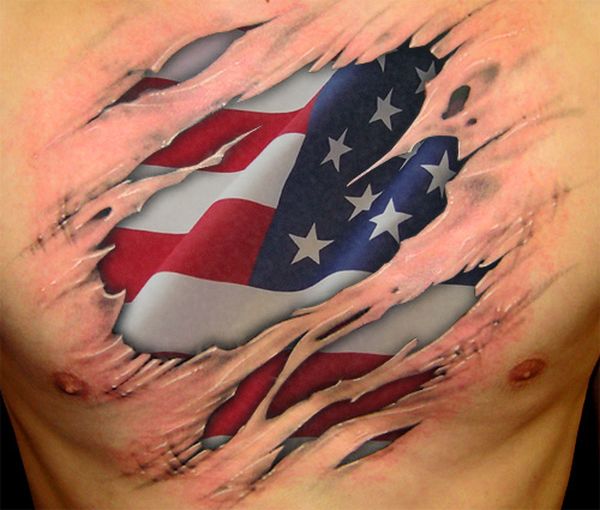 Ripped Skin American Flag Tattoo On Man Chest