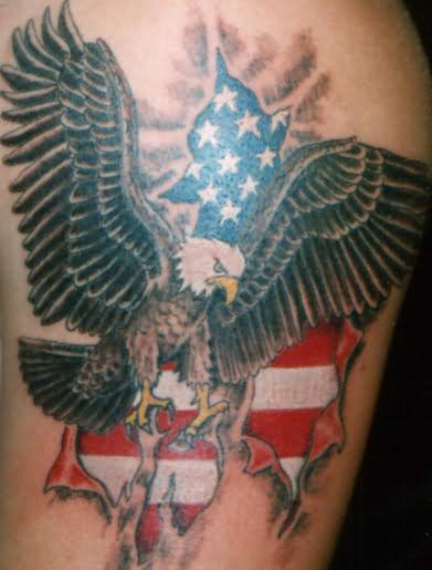 Ripped Skin American Flag With Flying Eagle Tattoo Design