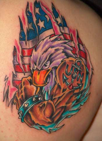 Ripped Skin American Flag With Muscular Eagle Tattoo Design