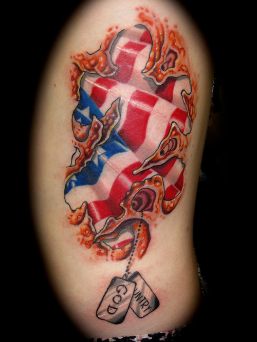 Ripped Skin American Flag With Tags Tattoo Design For Side Rib