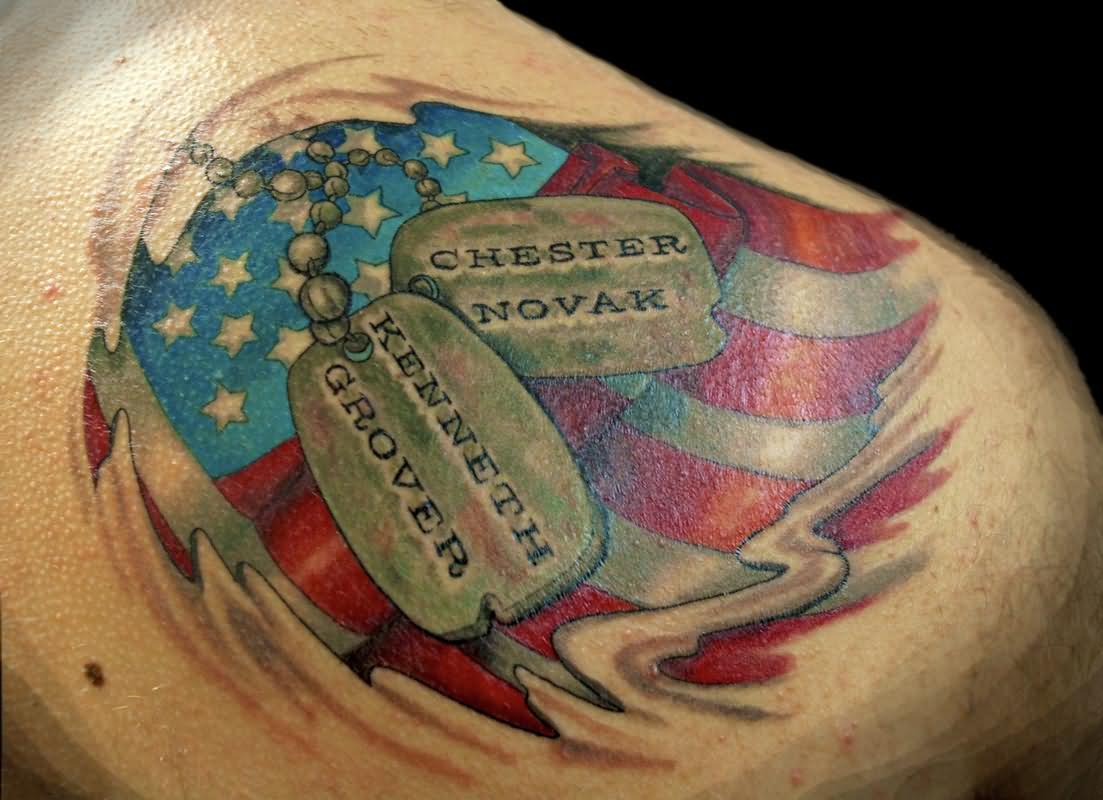 Ripped Skin American Flag With Tags Tattoo Design