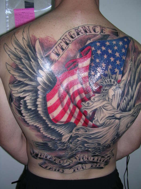 Statue Of Liberty Sit On Flying Eagle With American Flag And Banner Tattoo On Full Back