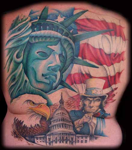 Statue Of Liberty With American Flag And Eagle Tattoo Design