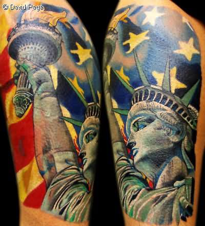 Statue Of Liberty With American Flag Tattoo Design